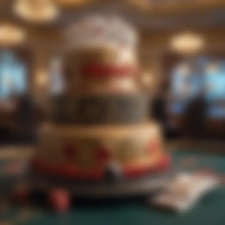 Vibrant casino-themed wedding cake decorated with dice and cards