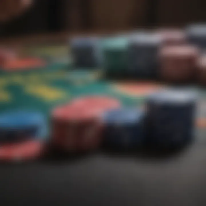 Close-up of poker chips and cards on a tournament table