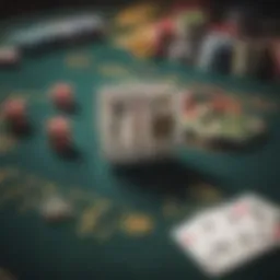 A close-up view of a blackjack table with cards and chips