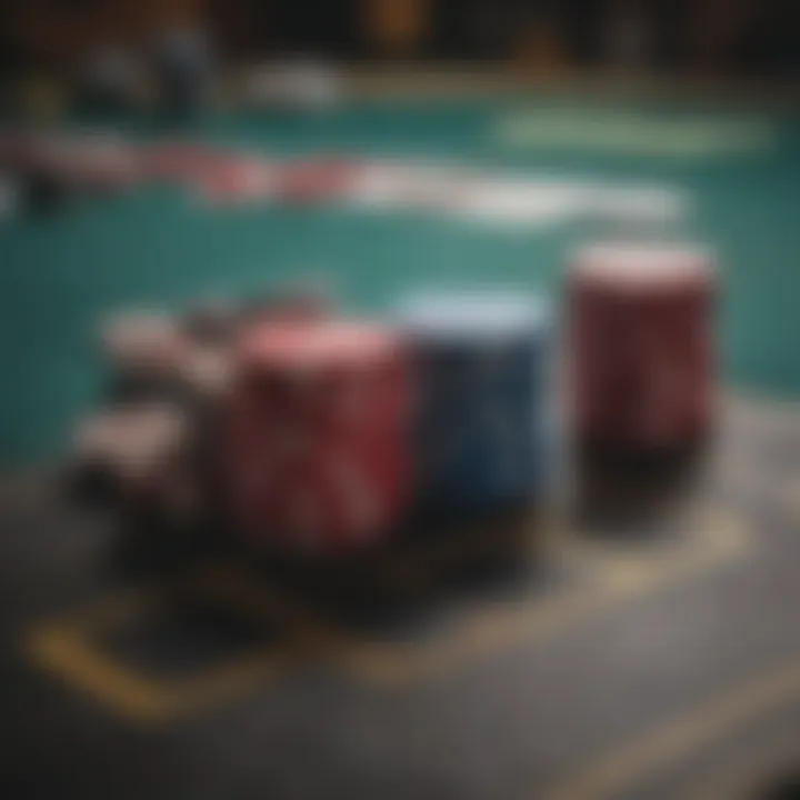 Close-up of poker chips and cards on a table