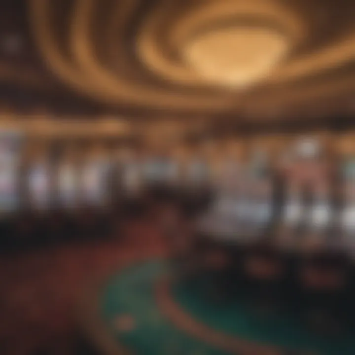 Interior of a bustling casino filled with gaming tables and slot machines