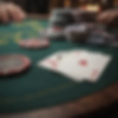 A detailed view of a blackjack table with cards and chips