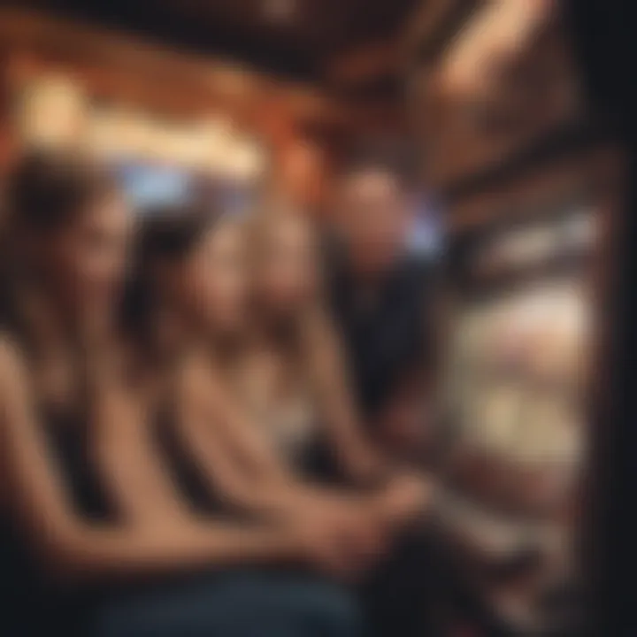 A group of friends engaged in conversation while sitting near a penny machine