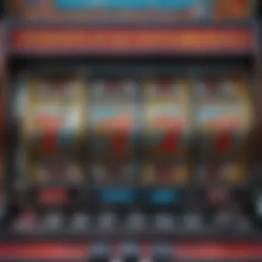 A close-up view of a five dollar slot machine with vibrant graphics